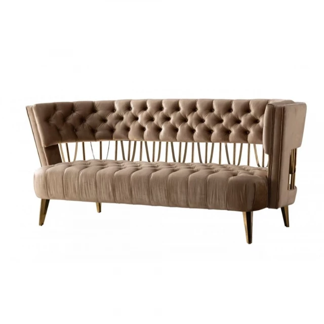 Velvet gold exposed back love seat with comfortable pillows and hardwood armrests