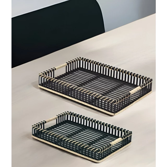 black solid wood tray with handles rectangular pattern