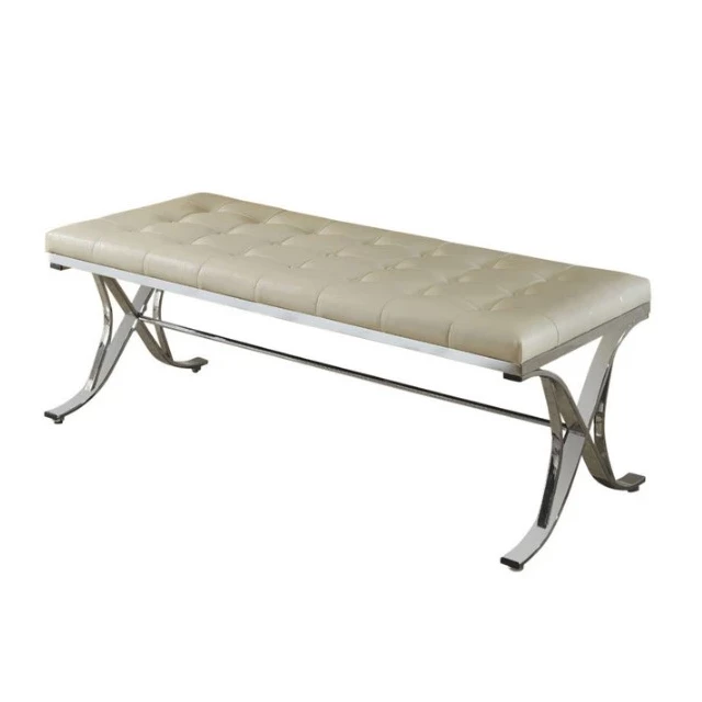 Beige silver upholstered faux leather bench for modern outdoor furniture setting