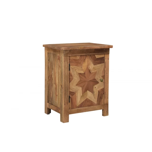 Brown starburst geometric solid wood nightstand with varnish finish and creative arts design
