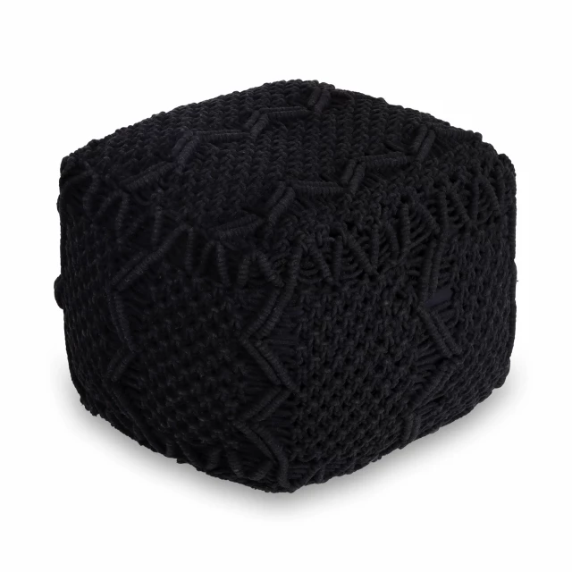 Black cotton blend pouf ottoman with patterned detail in electric blue