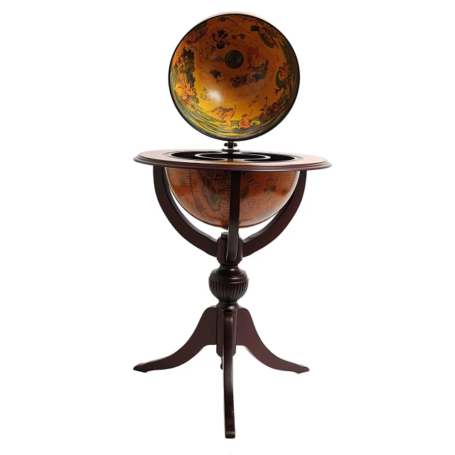 Globe bar with wooden legs and amber dishware on top for elegant home decor