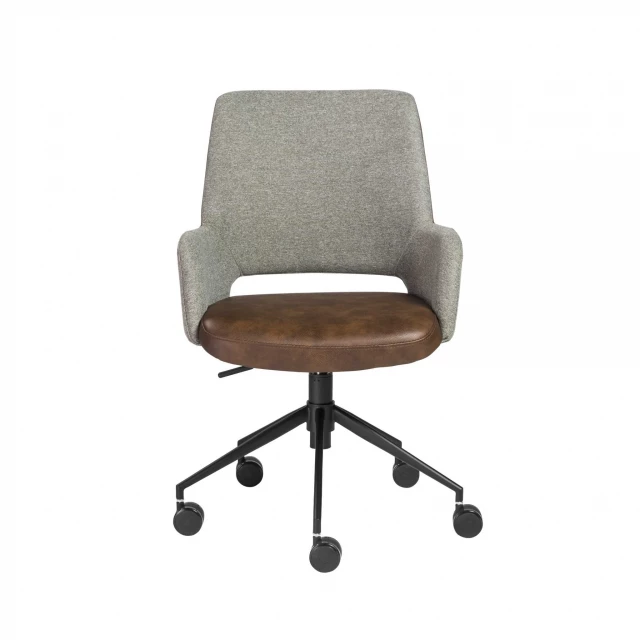 fabric light brown leatherette chair with black base and armrests