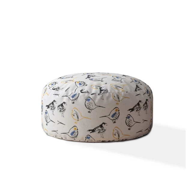White canvas round birds pouf ottoman with patterned natural material and silver accents