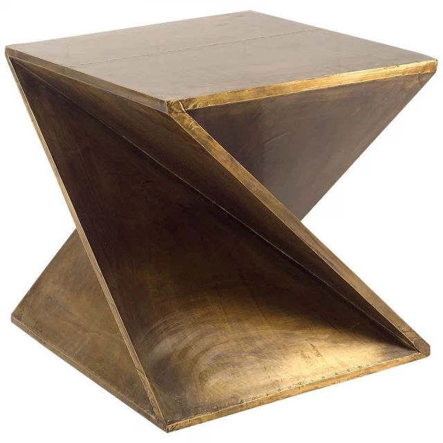 Brass clad wooden accent table in rectangle and triangle shapes with art and metal elements