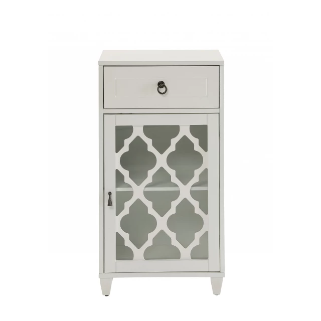 White cabinet with work design glass door featuring symmetrical patterns and aluminium details