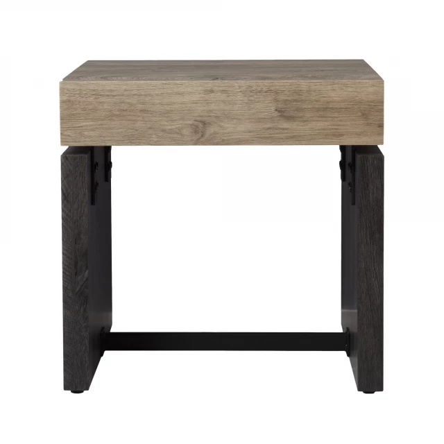 Manufactured wood iron square end table in a hardwood rectangle design suitable for outdoor