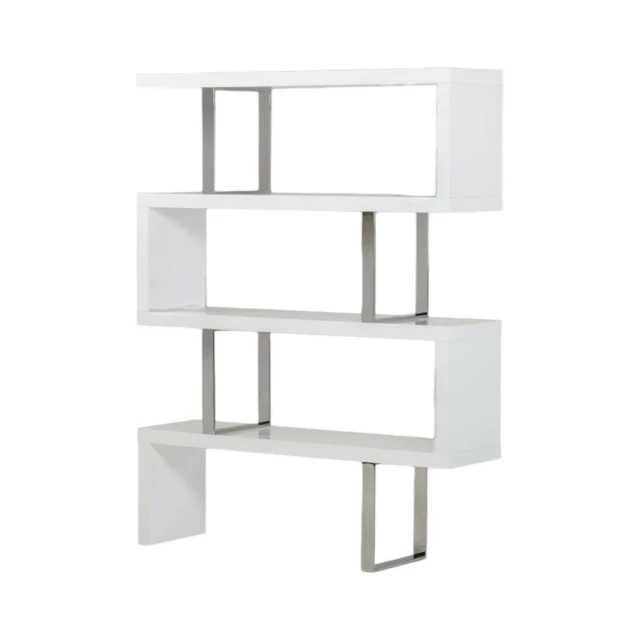 stainless steel four tier geometric bookcase with metal and wood shelves
