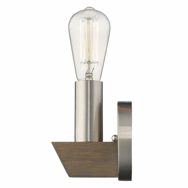 silver metal wood wall sconce with light bulb and metal cylinder design