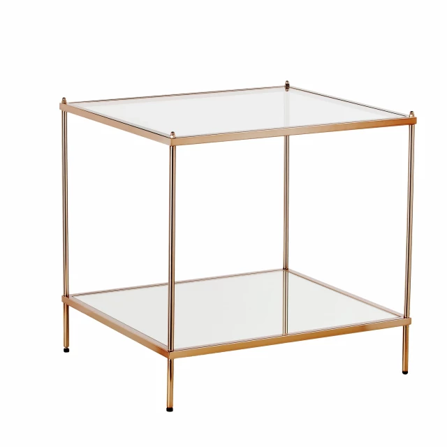 Glass iron square mirrored end table with hardwood and wood stain finish