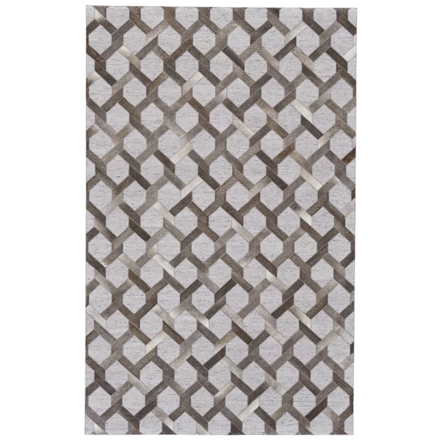 silver geometric hand woven area rug in grey beige and brown tones