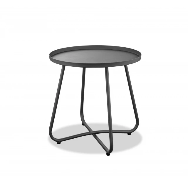 Gray aluminum round end table with metal tints and shades for outdoor use