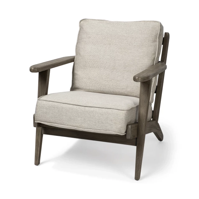 Fabric wrapped accent chair with wooden frame and armrests