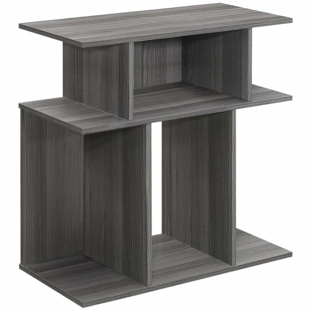 Gray end table with wood stain and plank design for modern interior
