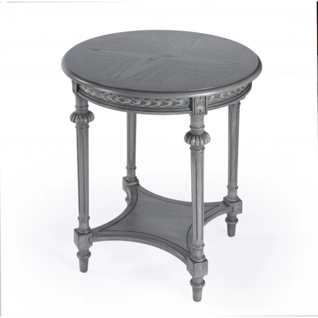 Gray classic round end table with shelf for living room furniture