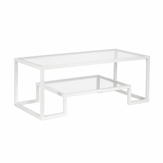 White glass steel coffee table with shelf and wood accents