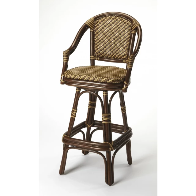 Brown rattan bar chair with armrests and wicker design for outdoor furniture