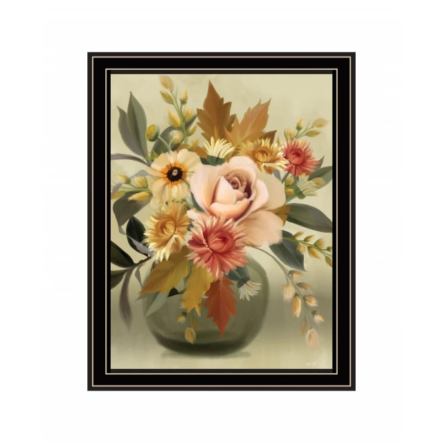 Black framed print of a bouquet with flowers and petals in a flowerpot as creative wall art