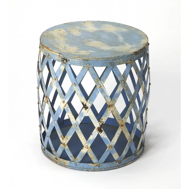 Blue iron lattice round end table with artistic wood elements
