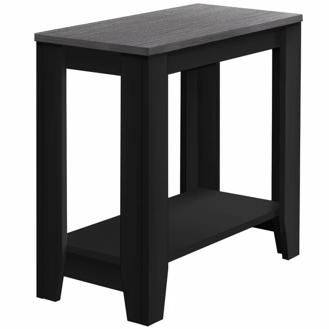 Black gray end table shelf with wood stain and plant decoration in an outdoor setting