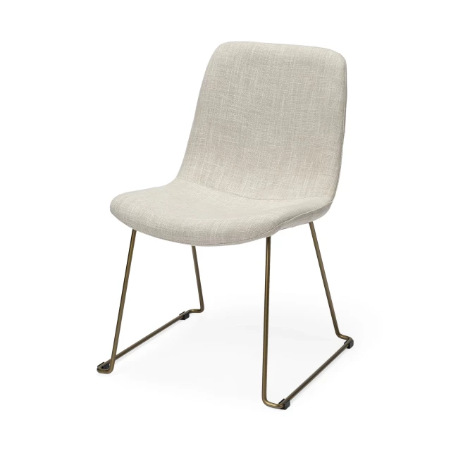 Cream gold upholstered fabric side chairs with wood armrests and comfortable rectangle seat