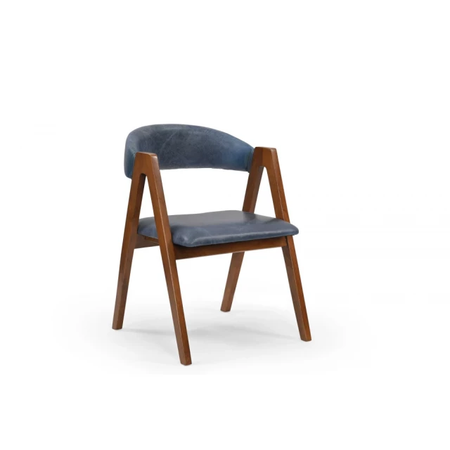 Blue and brown grain leather armchair with wood armrests and hardwood legs