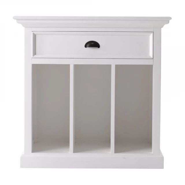 Classic white large nightstand with dividers in natural plywood material and plant decor