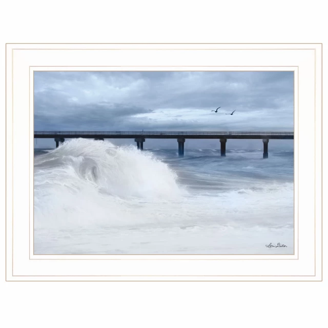 White framed print of waves with clouds and horizon wall art