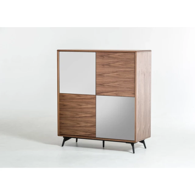 Solid wood sideboard with glass door and wood stain finish featuring shelving and chest of drawers