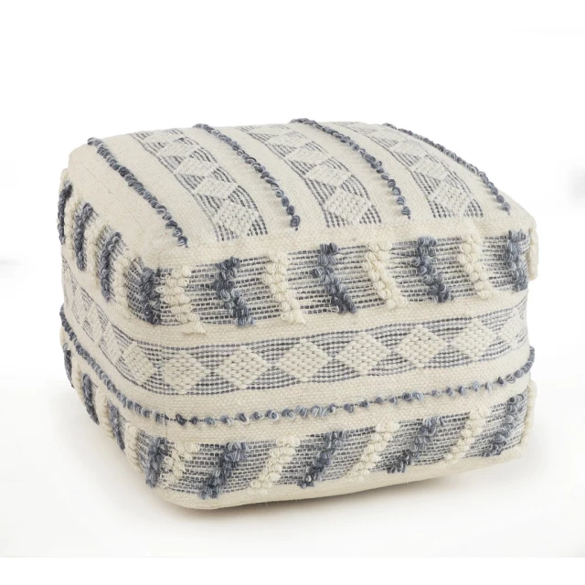 Blue wool ottoman with electric blue pattern and beige accents in natural material design