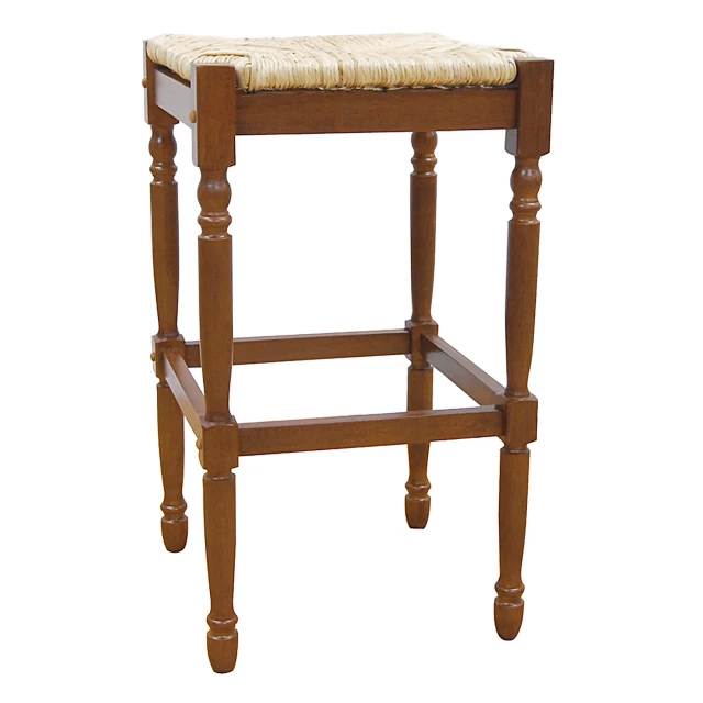 Wood backless bar height bar chair with wood stain finish and shelf