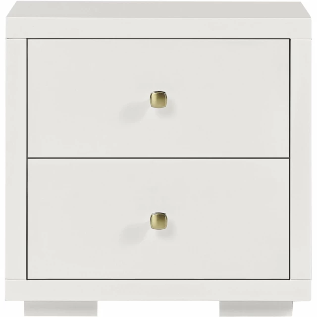 White drawer nightstand with metal handles and minimalist design