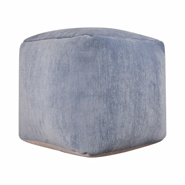 Blue chenille cube pouf ottoman in electric blue with denim-like texture and fashion accessory style elements