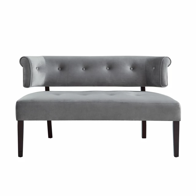 Gray brown upholstered velvet bench with wood accents suitable for outdoor and indoor use