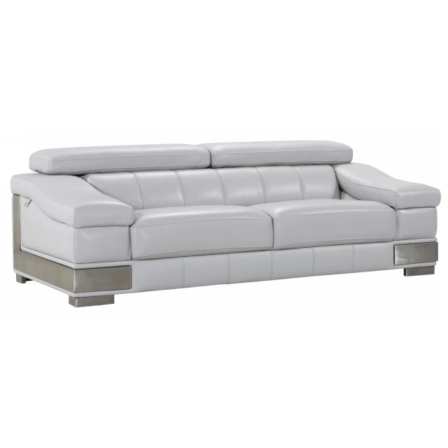 Gray silver Italian leather sofa with comfortable rectangular design and studio couch features