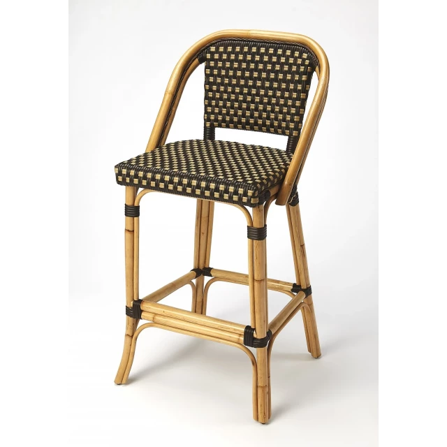 Brown natural bar chair with wood armrests and hardwood pattern outdoor furniture