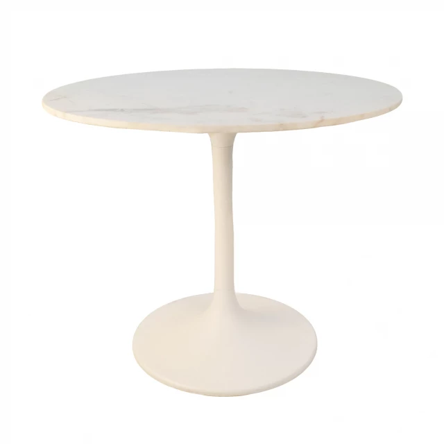 Marble iron pedestal base dining table with wood art design and rectangle shape
