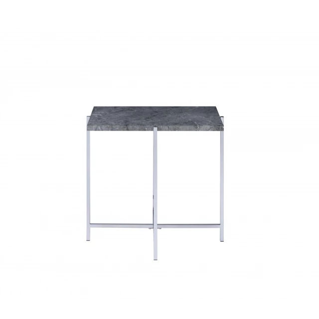 Manufactured wood metal rectangular end table with parallel lines in furniture setting
