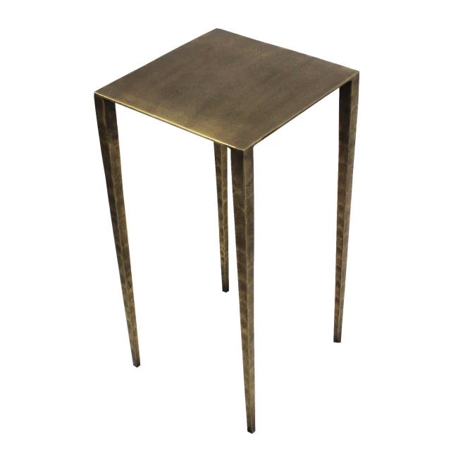 Brass iron square end table with wood stain and accompanying outdoor chairs
