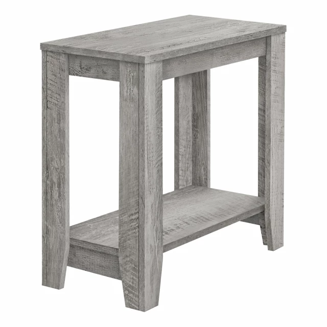 Grey end table shelf with wood stain and hardwood pedestal in art style