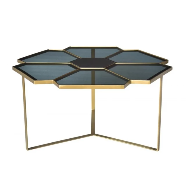 Geometric floral glass coffee table with symmetrical shapes and shades