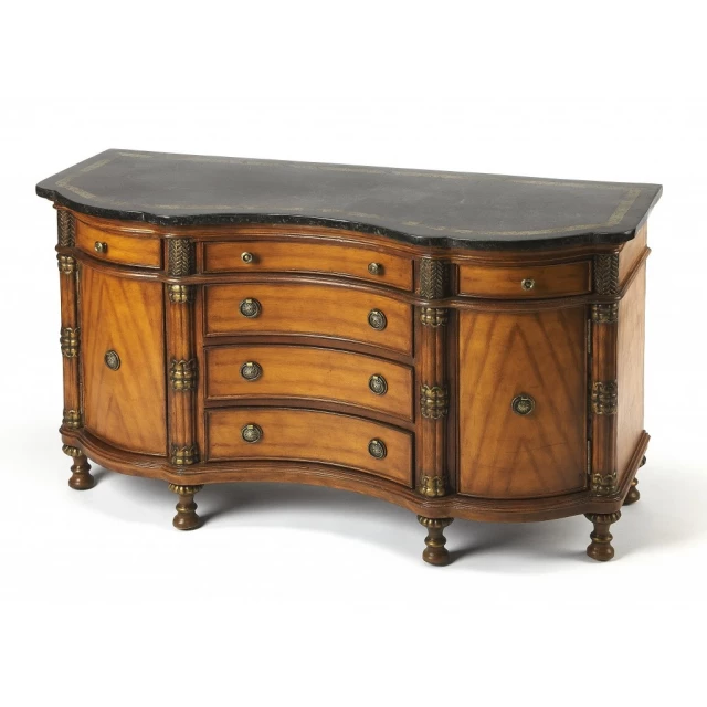 Traditional wooden credenza with cabinetry table drawers and wood finish for elegant home decor