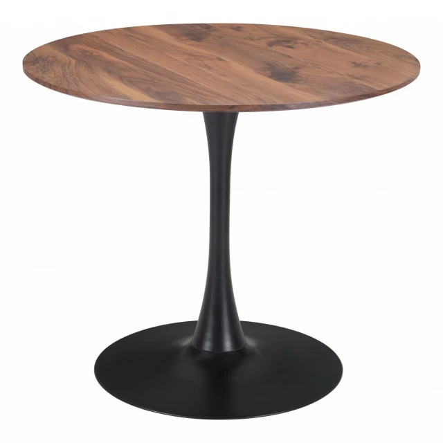 Brown black round dining table with natural wood and metal accents