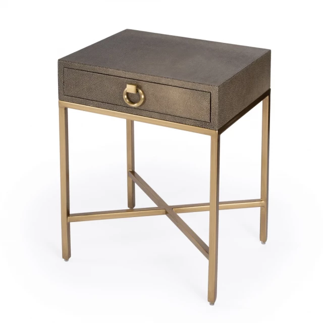 Shagreen faux leather end table with drawer featuring wood and metal accents in a natural material design