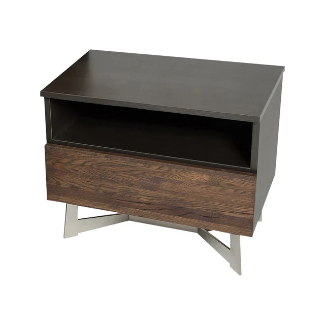 Aged oak veneer steel wood nightstand with drawer and wood stain finish