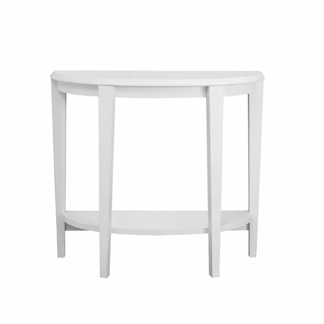 White end table shelf in modern furniture design with transparent plastic elements and tableware display