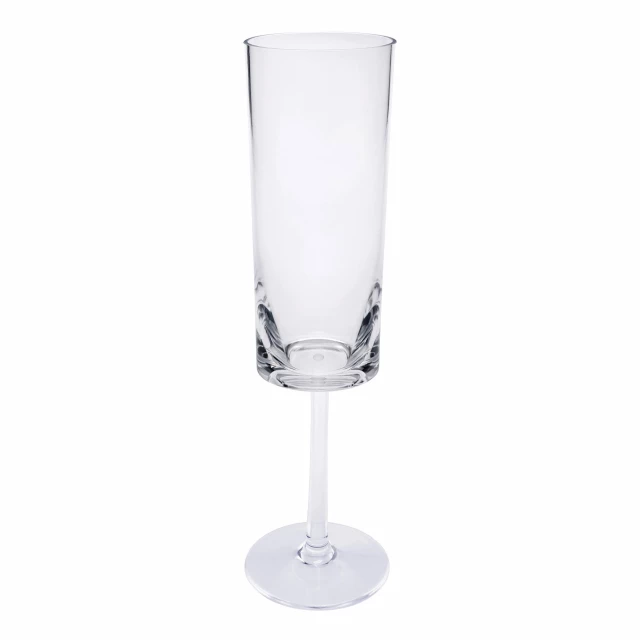 Four clear Tritan plastic stemmed flutes for champagne and drinks