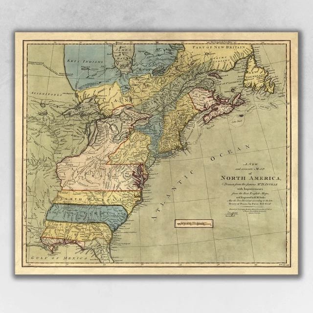 North America unframed print wall art depicting a stylized map with artistic font and pattern details