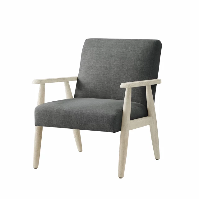 Charcoal cream linen armchair with wood armrests and comfortable rectangle seat