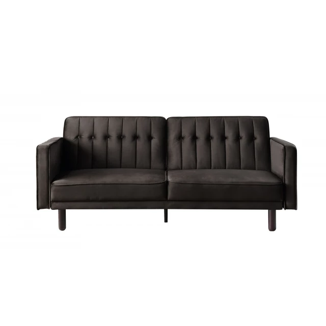 Brown velvet black sleeper sofa with comfortable rectangle cushions and wooden accents